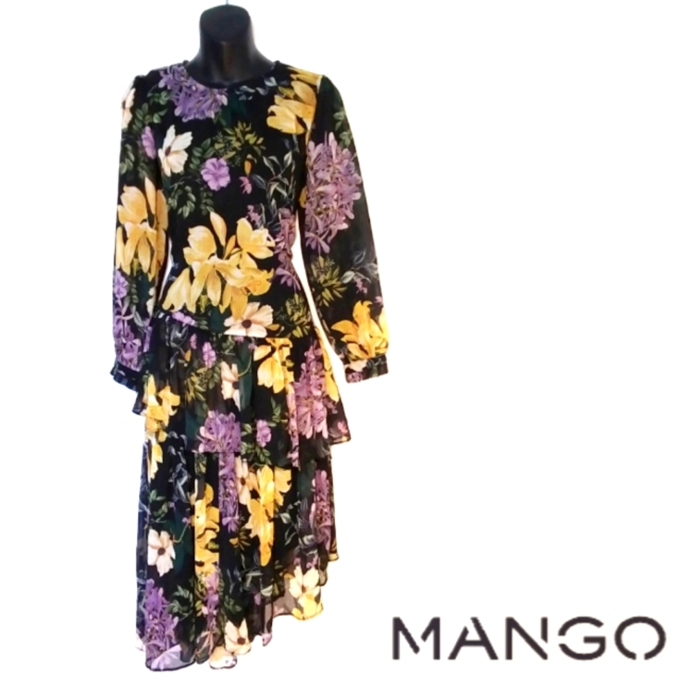 Asymmetric 2 Tier Contrast Floral Maxi by Mango